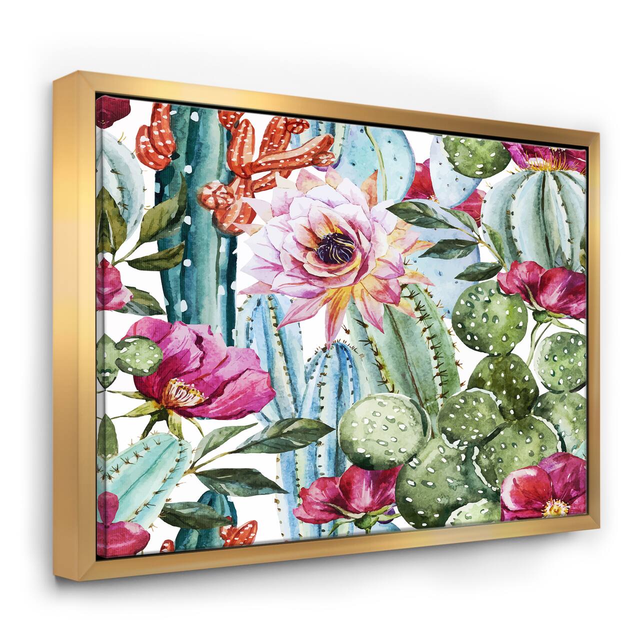 Designart - Cactus Pattern Watercolor - Floral Art Framed Canvas Print